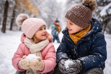 dlaczego dzieci marzną zimą dwoje dzieci bawiących się na śniegu w ciepłych ubraniach
