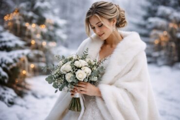okrycia ślubne zimą panna młoda w białym płaszczu trzymająca bukiet w ośnieżonym plenerze