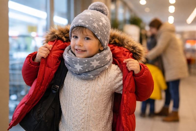 jak ubrać dziecko zimą – dziecko zdejmujące zimową kurtkę w ciepłym pomieszczeniu